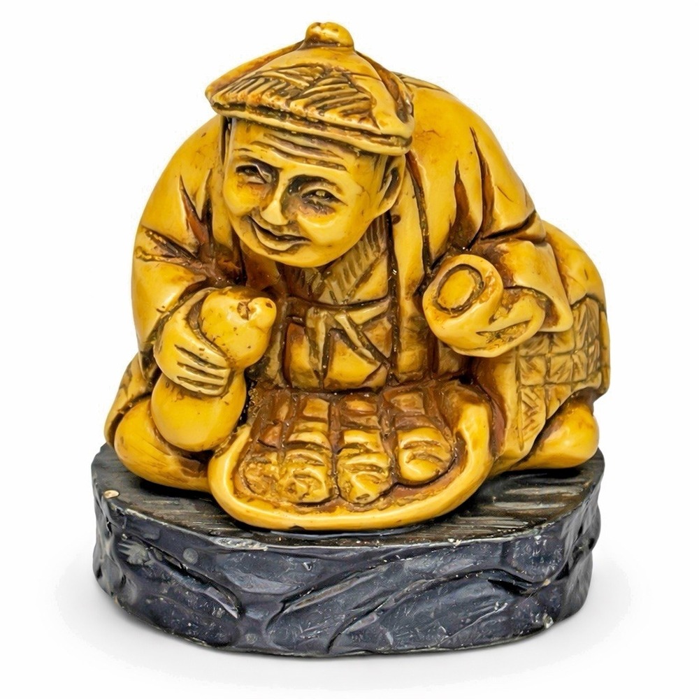 Vintage Chinese Fisherman Figurine Yellow Resin  Asian Decor